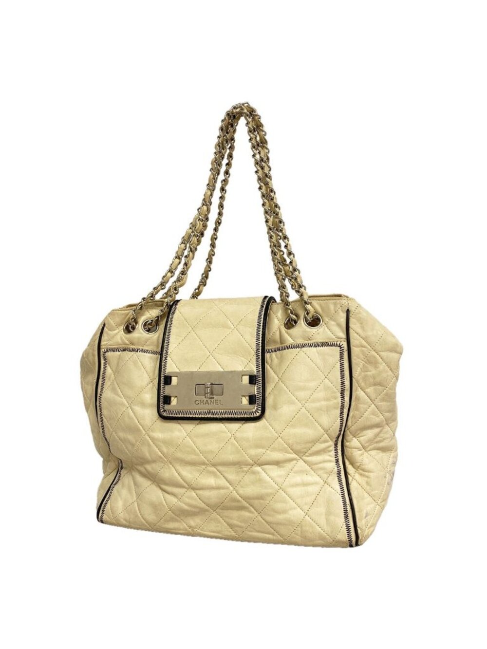 Chanel Chain Tote Bag 2.55 Quilted Leather Ivory Silver